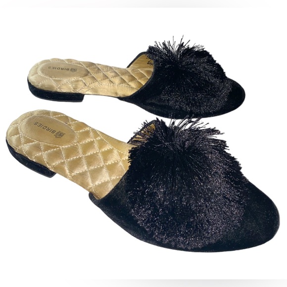 Birdies Shoes Birdies The Songbird Velvet Black Pom Pom Mules